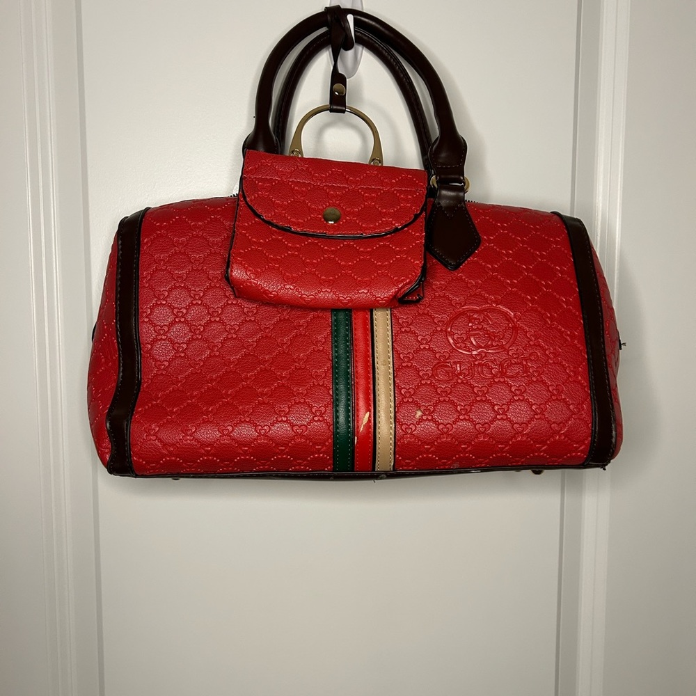 Red Quilted Top-Handle Women's Satchel with Wallet and Green-Red Accent